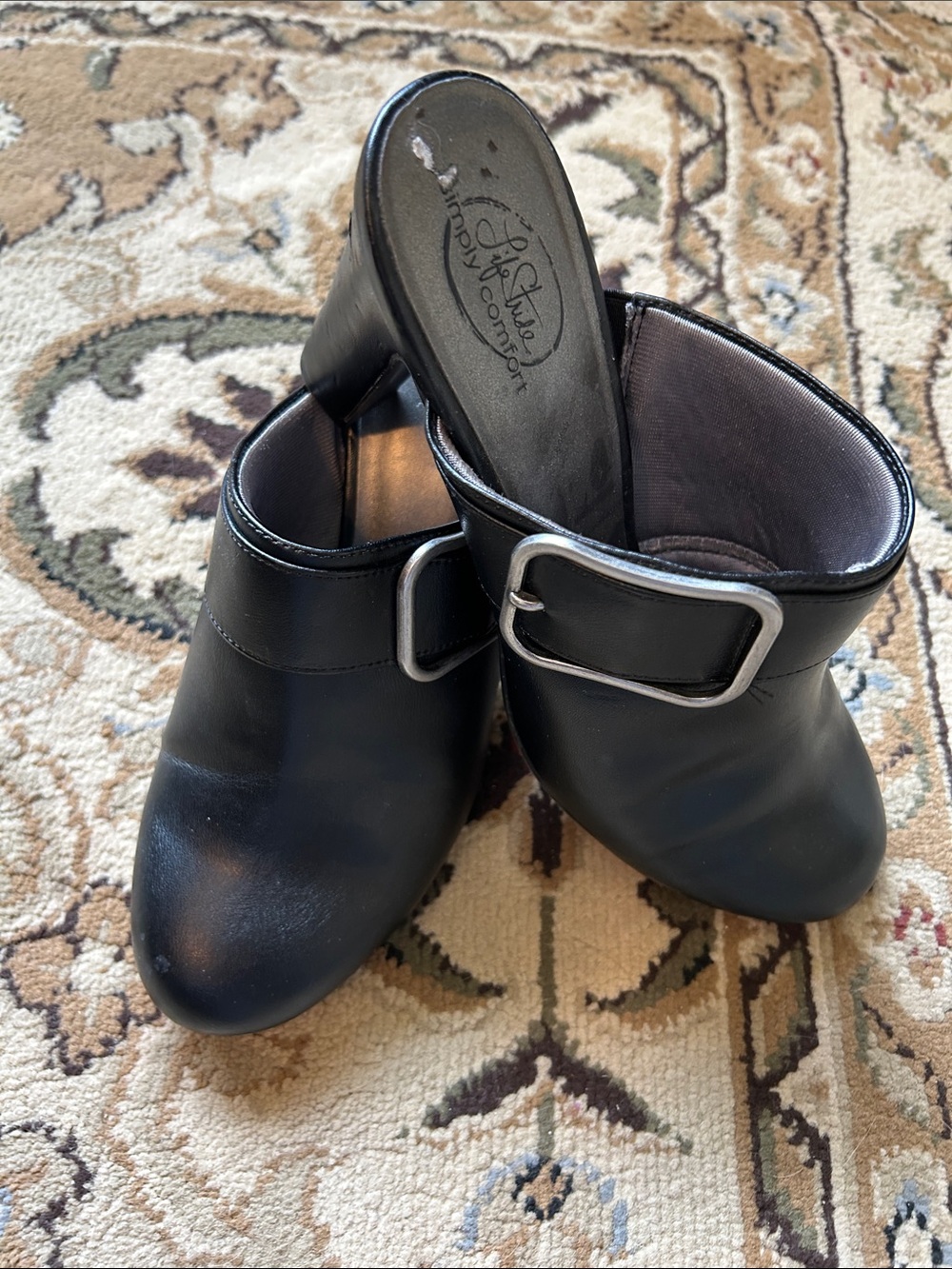 Life Stride Black Leather Mule Clogs with Buckle
